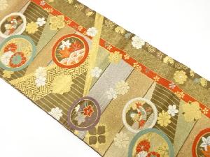 丸紋に青海波・紅葉・花鳥模様織り出し　袋帯